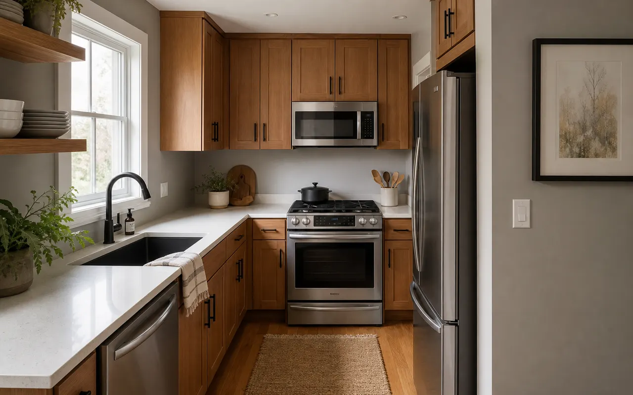 Small kitchen layout with compact cabinet storage.